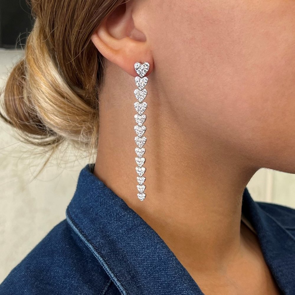 Round Cut Diamond Multiple Love Heart Long Drop Earrings 18K White Gold 4.09Cttw
